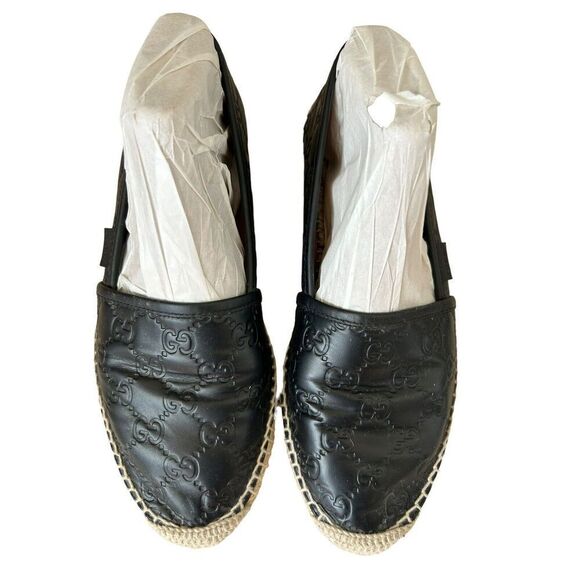 Gucci Gg Black Leather Espadrille Women's Black 39 Slip Ons - Picture 2 of 9